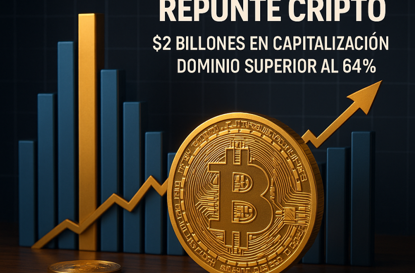 Bitcoin lidera el repunte cripto con $2 billones en capitalización y dominio superior al 64%