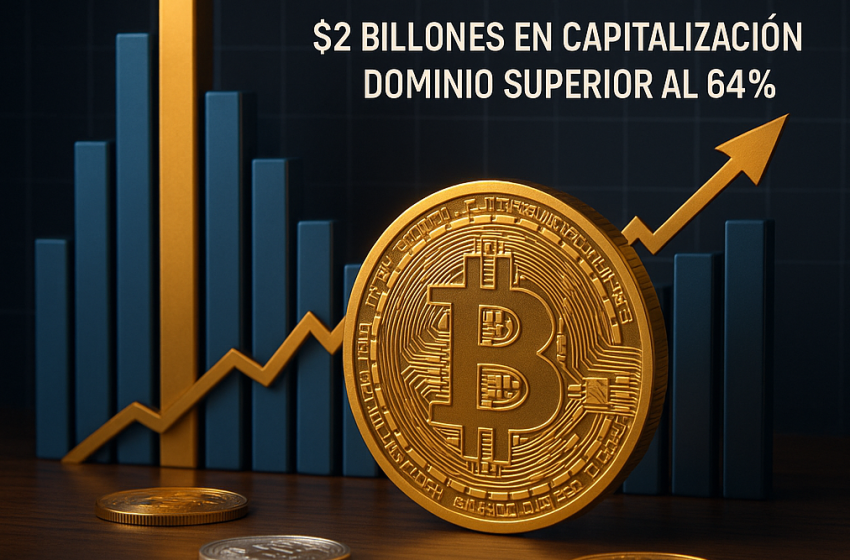 Bitcoin lidera el repunte cripto con $2 billones en capitalización y dominio superior al 64%