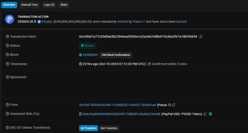 paxos stablecoin PYUSD error